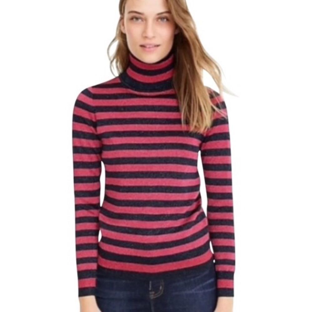 New J crew Turtleneck sweater in sparkle stripe Pink/ navy Extra Large XL - Picture 2 of 8